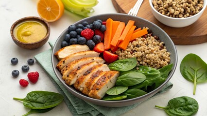 Healthy meal bowl featuring grilled chicken, fresh vegetables, and colorful fruits for nutritious eating choices