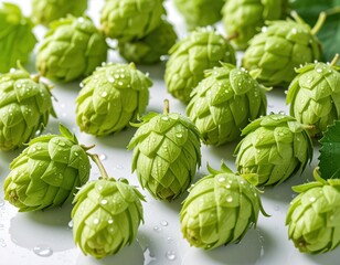 Obraz premium Fresh green hops with dew drops on white surface