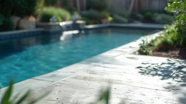 Enjoying a relaxing afternoon by the serene backyard pool surrounded by lush greenery and tranquil ambiance