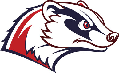 Aggressive badger mascot head with red white and blue accents