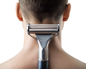 Mans neck and head with a shaving razor closeup, isolated on transparent background