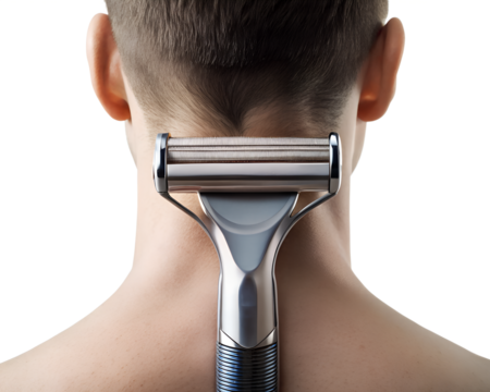 Mans neck and head with a shaving razor closeup, isolated on transparent background