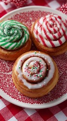 Christmas Cinnamon Rolls with Green and Red Frosting on Festive Plates