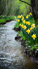 Slow-flowing spring river in a bright green forest, with yellow daffodils and tiny white flowers blooming along the muddy riverbank