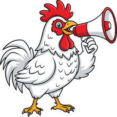 Cartoon rooster, white chicken, farm bird, holding red megaphone, funny barn animal, farmyard mascot, speaking hen, agriculture poultry character illustration