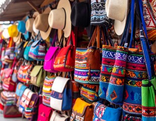 Colorful handmade bags and hats on display