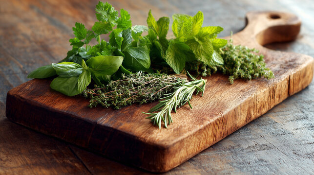 Wooden cutting board with fresh herbs - Powered by Adobe