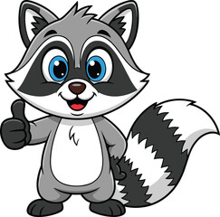 Cartoon raccoon character, thumbs-up gesture, cute animal illustration, blue-eyed raccoon, bushy tail, white background, smiling raccoon, playful pose