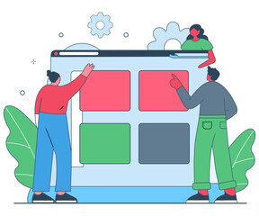 Minimal Flat Design Illustration of a Diverse Creative Team Collaborating on a Logo Concept with Everyone Pitching Ideas