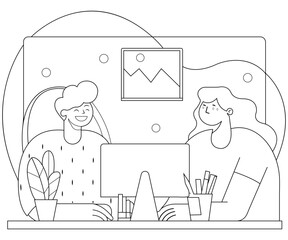 Flat Vector Line Art of Two Designers Laughing Over a Funny Mockup or Typo in a Relaxed Workspace with a Pastel Soft Setting