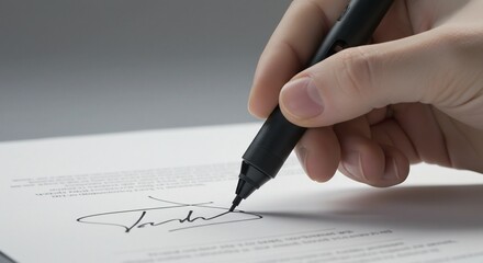 man making signature on paper with black pen, close up of hand. Concept of contract, official document, business agreement.
