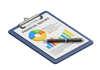 Financial report on clipboard with pen isolated on transparent background