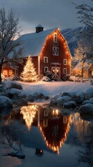 Christmas lights illuminate a cozy red barn and snowy landscape during the winter evening
