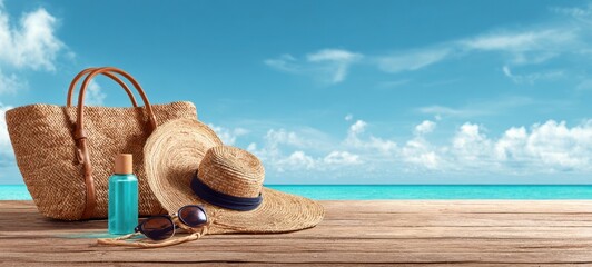 The straw hat and beach bag on a wooden boardwalk by turquoise ocean