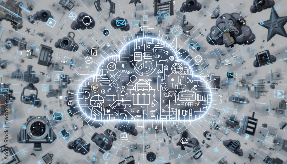 Poster futuristic digital cloud network connecting global data and smart technology systems