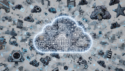 Futuristic digital cloud network connecting global data and smart technology systems