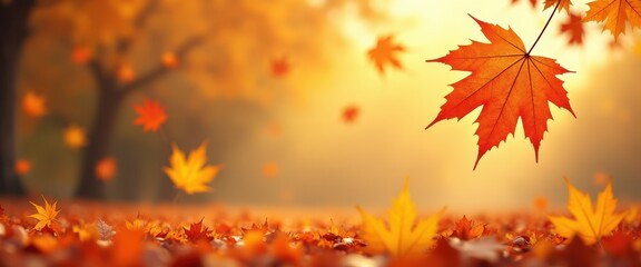 Obraz premium Vibrant autumn leaves falling gently in a forest, creating a colorful carpet on the ground with warm sunlight filtering through the trees, evoking a sense of seasonal change and natural beauty