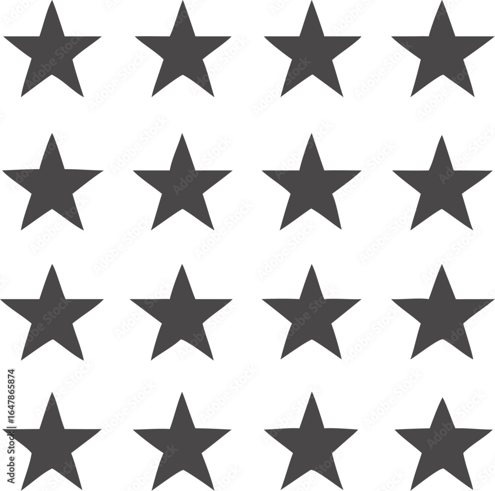 Poster a grid of sixteen unique stylized star shapes arranged in a symmetrical pattern