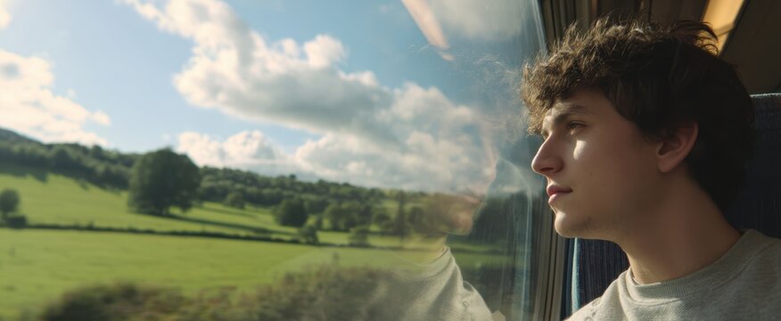 The young man gazing out of a train window at rolling green fields