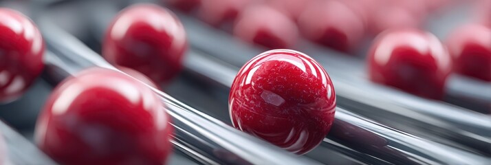 Colorful red spheres arranged on a smooth black surface create a striking visual pattern and stimulate viewer curiosity
