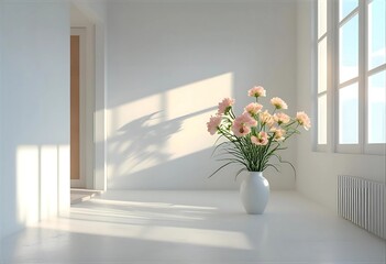Peaceful floral decor for modern white space, gentle pastel tones, early daylight shadows