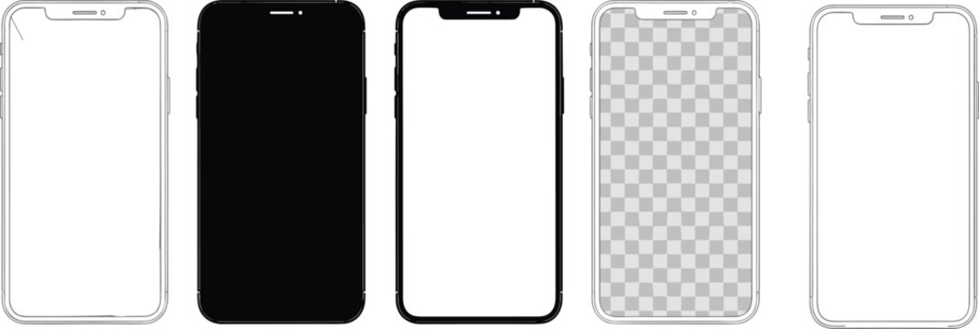 Smartphone frame vector set, mobile phone mockup templates, blank screen designs, device outlines, and isolated phone silhouettes for digital projects
