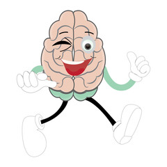 Cute brain mascot character, Happy cartoon brain illustration. Waving hand, fun mascot illustration, educational symbol, cute organ, smart idea, mental health concept