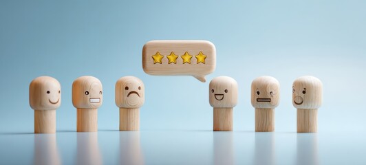 [The wooden emoji peg figures lined under a five star speech bubble displaying five stars]