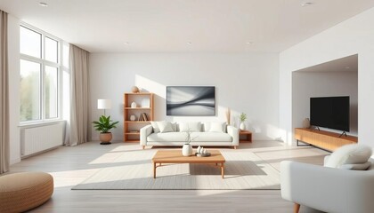 Fototapeta premium Sleek minimalist living room with neutral palette and natural textures, decor, cozy