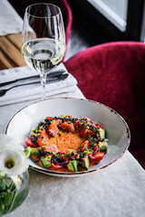 Gourmet Food Presentation Featuring White Wine in a Beautiful and