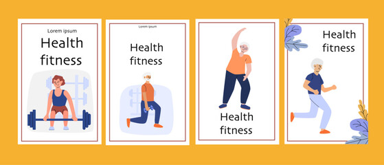 Diverse fitness posters featuring health activities for various age groups.