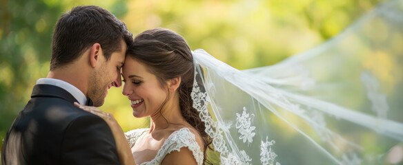 The bride and groom embracing in a sunlit outdoor wedding portrait with flowing veil