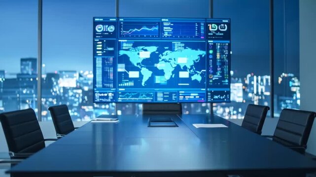 Modern corporate boardroom with global data display at night meeting room footage