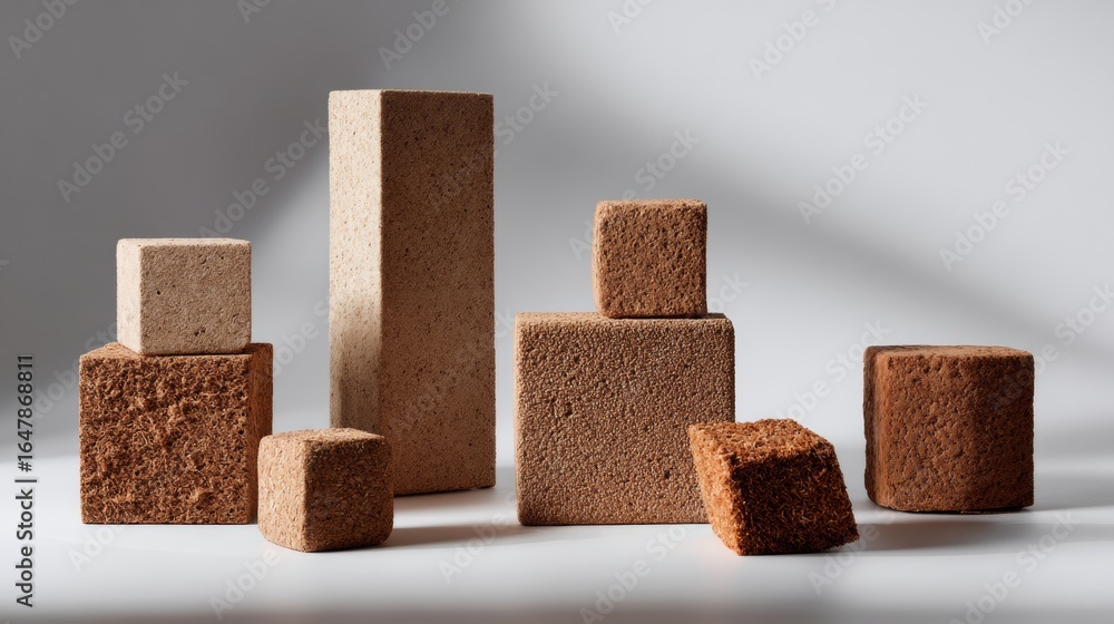 Poster minimal cubes and rectangular blocks on brown background for geometric architecture and design conce