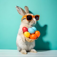 Adorable Bunny with Sunglasses Standing with Easter Eggs
