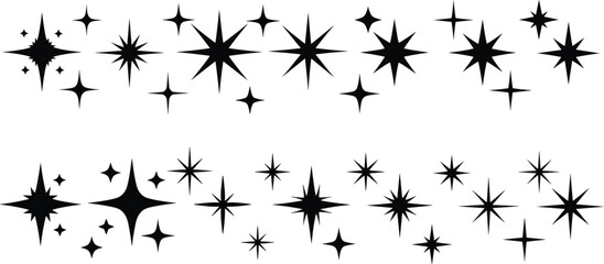 Sparkle and starburst shapes, twinkle light icons, decorative stars, shiny glitter elements, vector clipart set for design and decoration