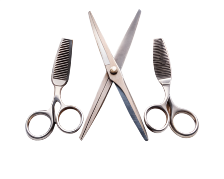Pair of hairdressing scissors and combs isolated on transparent background