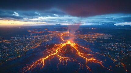 Lava flowing a volcanic eruption glowing orange as it carves through the landscape forming new land and glowing in the night