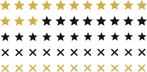 Star rating icons and cross marks, gold and black symbols, vector clipart set for review, rating, feedback, and user interface