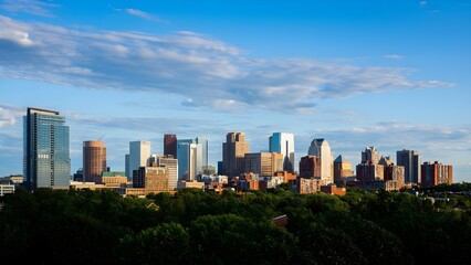 Panoramic Cityscape View of Modern Buildings Under a Bright Blue Sky with Wispy Clouds