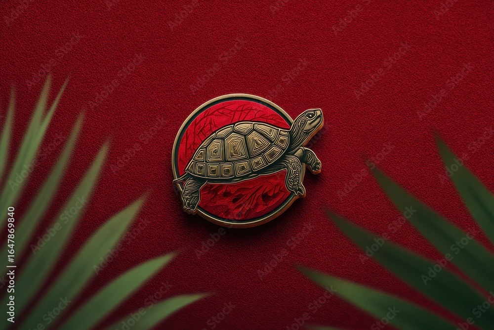 Poster graphic depiction of a turtle design against a vibrant red backdrop showcasing a unique artistic rep