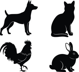 PrintSilhouette illustration of domestic animals, dog, cat, rabbit, and rooster, perfect for pet designs, farm art, vector icons, clipart usage