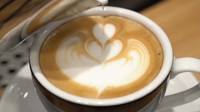 Pouring Frothed Milk into Cappuccino - A close-up view of frothed milk being skillfully poured into a cup of coffee, creating intricate latte art on a cappuccino.