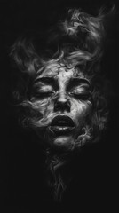 An Enigmatic Portrait of a Dreamlike Figure Surrounded by Ethereal Smoke, Evoking Deep Emotions and Mystique in a Dark and Striking Aesthetic