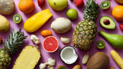 Fresh tropical fruits on vibrant background for healthy eating and organic nutrition lifestyle inspiration