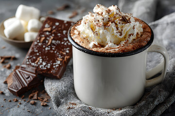 Homemade hot chocolate in a white enamel mug.