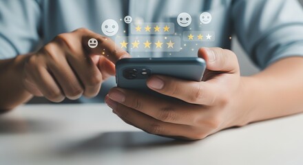 A person uses a smartphone to rate services displaying a customer satisfaction feedback scale with star ratings and smiley face icons review stars mobile