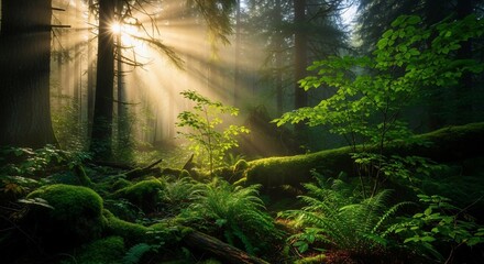 Obraz premium Golden Sunbeams Pierce a Misty Forest, Illuminating Lush Moss and Ferns