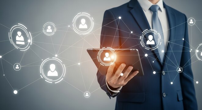 A businessman in a suit holds a tablet displaying a digital network of people icons interconnected by lines and dots representing connectivity and data flow on a grey background - Powered by Adobe