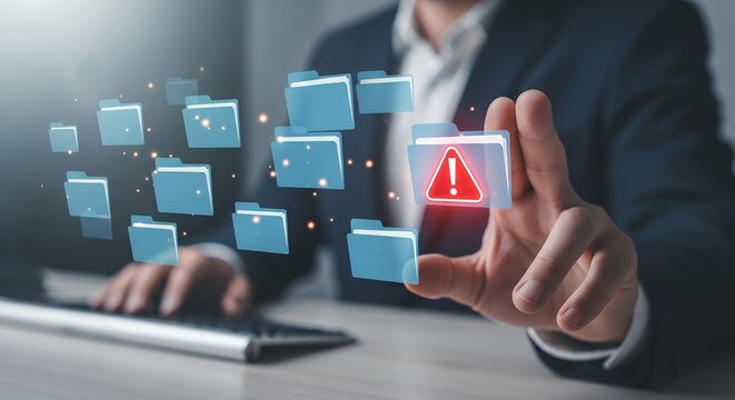 Businessman interacting with holographic folders showing a red warning alert symbol Technology Data Security Information Digital Management Security breach